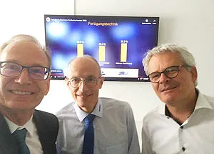 Happy about the award for Mikron Machining: Dr. Willy Nef, Senior Vice President (left), Luciano Lagger R&D Manager (center), Bruno Cathomen, CEO